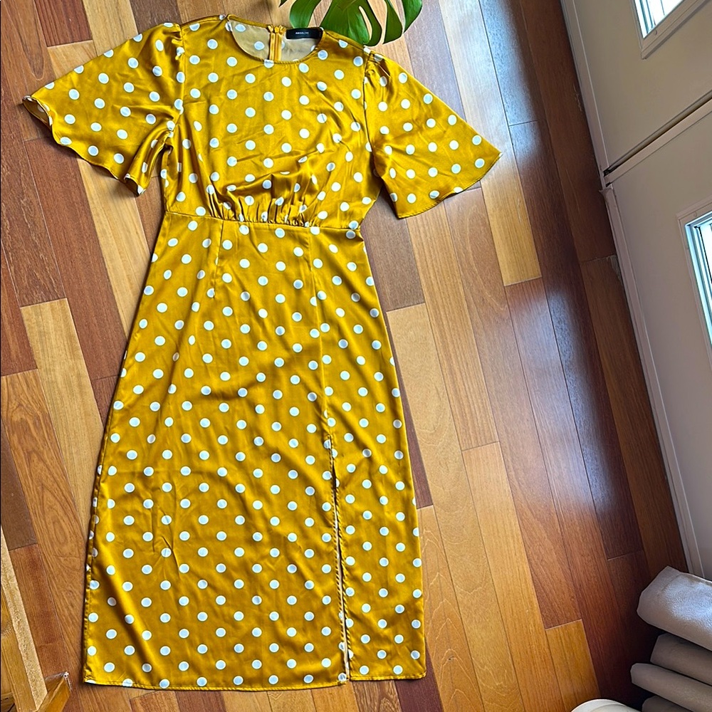 Angel Eye London Satin Polka Dot Yellow Midi Dress, Size US 8